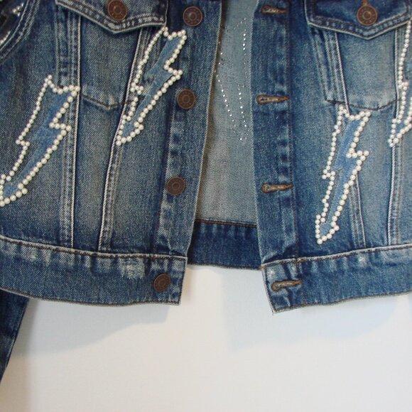 Sandro Denim Jean Jacket Pearl Embellished Lightning Bolt Size 42 FR or 10 - Picture 10 of 16